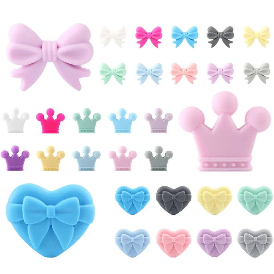 10pcs Baby Silicone Beads Heart Bow Crown Shape Teether BPA Free Food Grade Pacifier Chain Clip Necklace DIY Teething Accessory