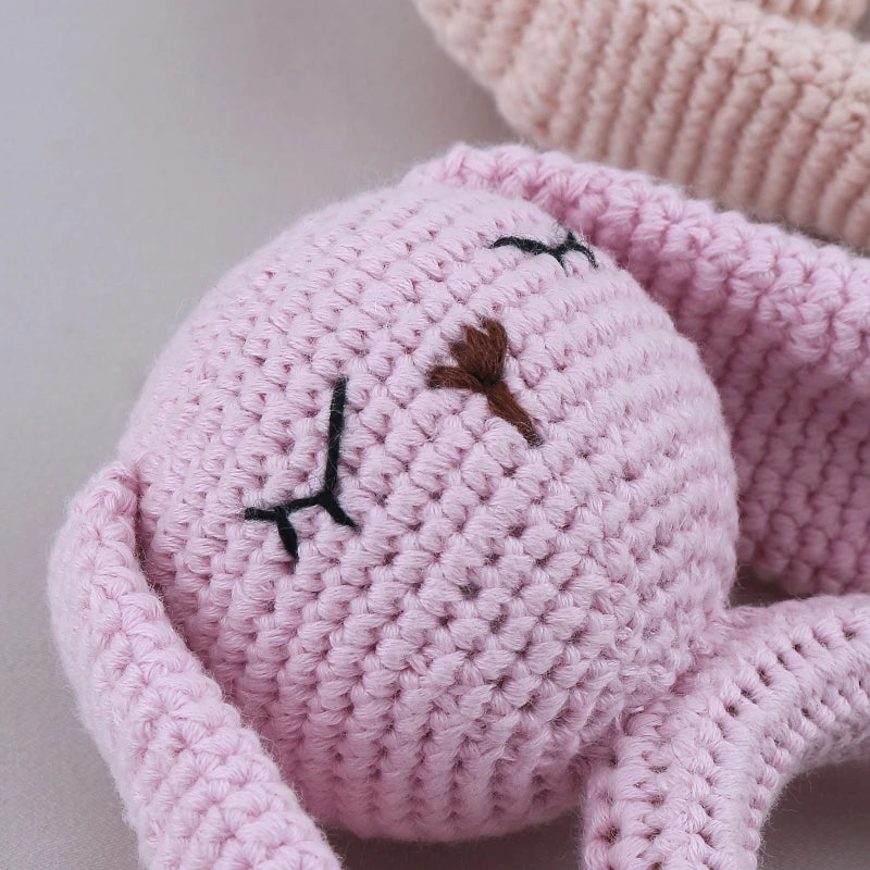1pc Safety Wooden Baby Teether Crochet Cartoon Long Ear Bunny Baby Rattler Mobile Crib Rattle Bell Newborn Handbell Teething Toy