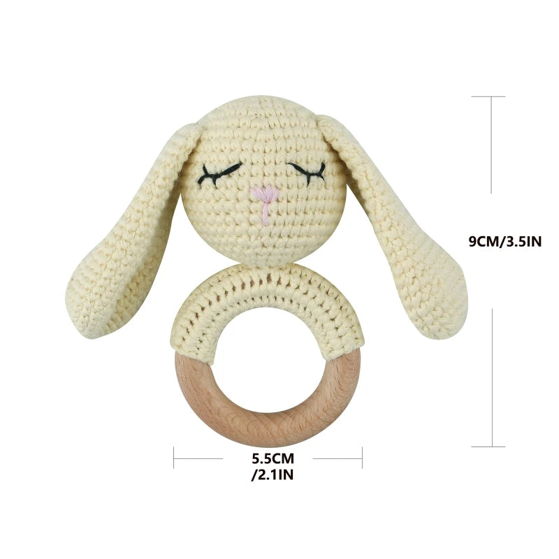 1pc Safety Wooden Baby Teether Crochet Cartoon Long Ear Bunny Baby Rattler Mobile Crib Rattle Bell Newborn Handbell Teething Toy
